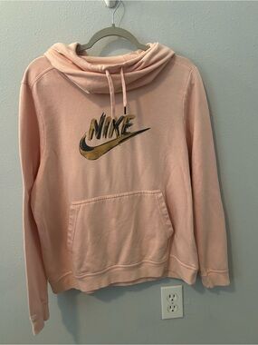 Nike Women's Light Pink Cowl Neck Hoodie with Gold Logo
